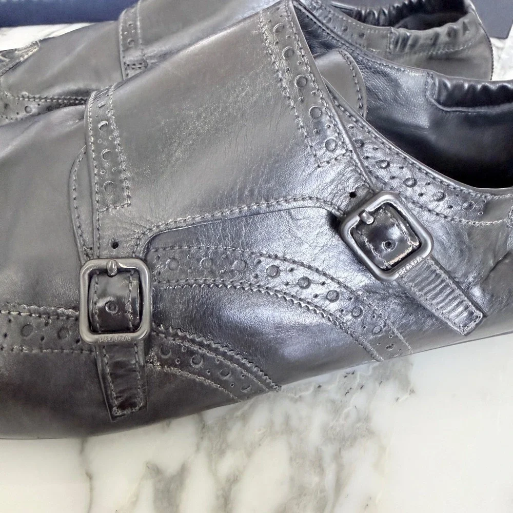 Prada 2EG469‎ Mens Leather Double Monk Strap Wingtip Shoes Grey Black UK 11